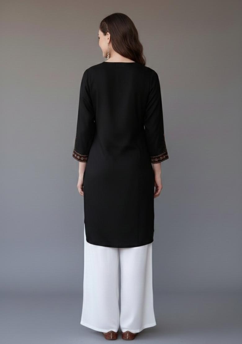 Black Embroidered Rayon Kurta Set - Indya