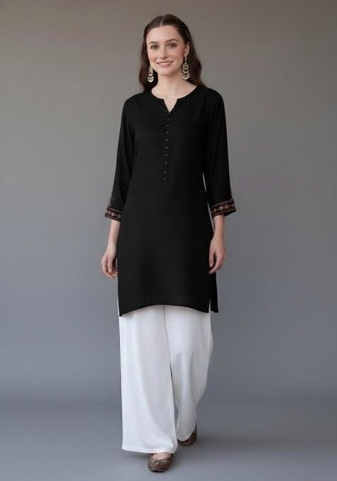 Black Embroidered Rayon Kurta Set