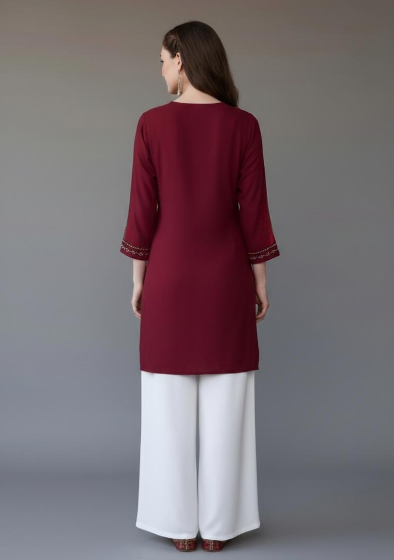 Maroon Embroidered Rayon Kurta Set - Indya