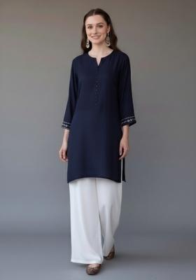 Navy Blue Embroidered Rayon Kurta Set