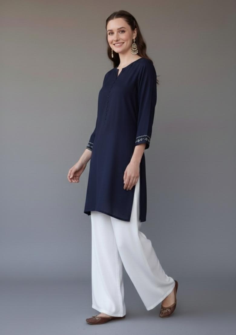 Navy Blue Embroidered Rayon Kurta Set - Indya