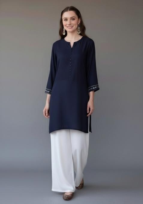 Navy Blue Embroidered Rayon Kurta Set