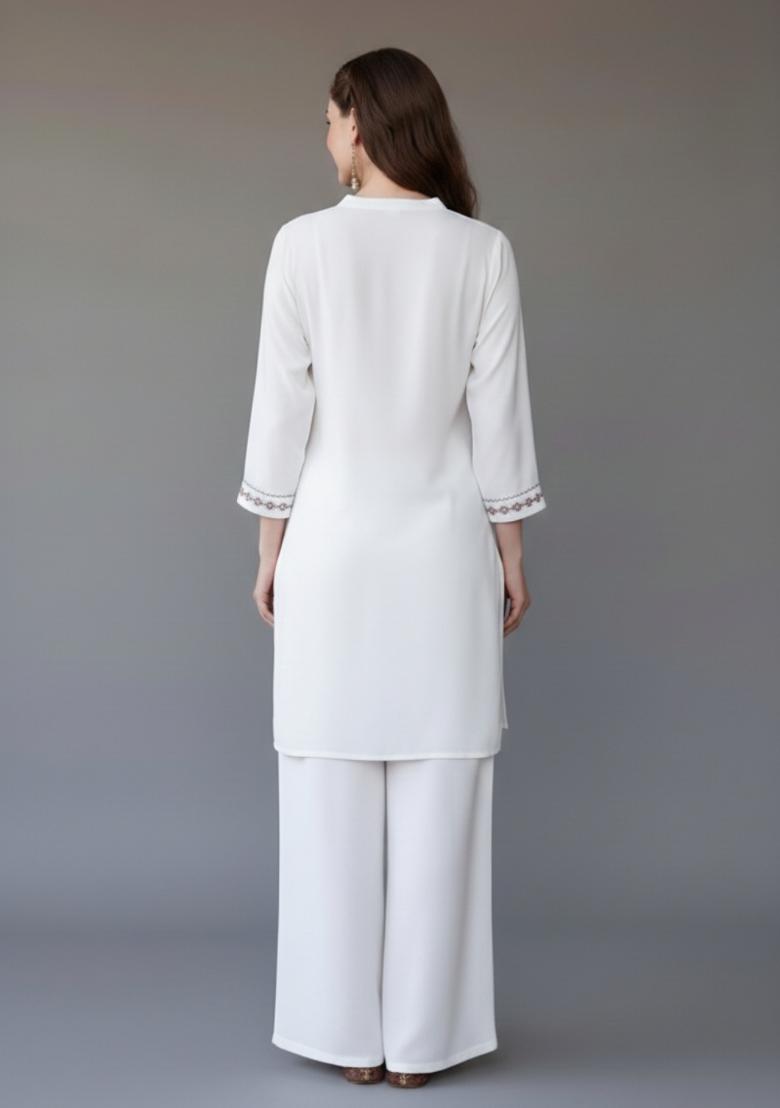 White Embroidered Rayon Kurta Set - Indya
