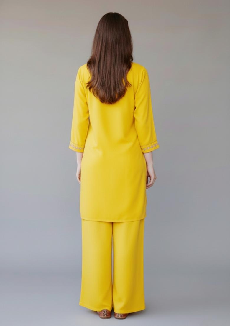 Yellow Embroidered Rayon Kurta Set - Indya