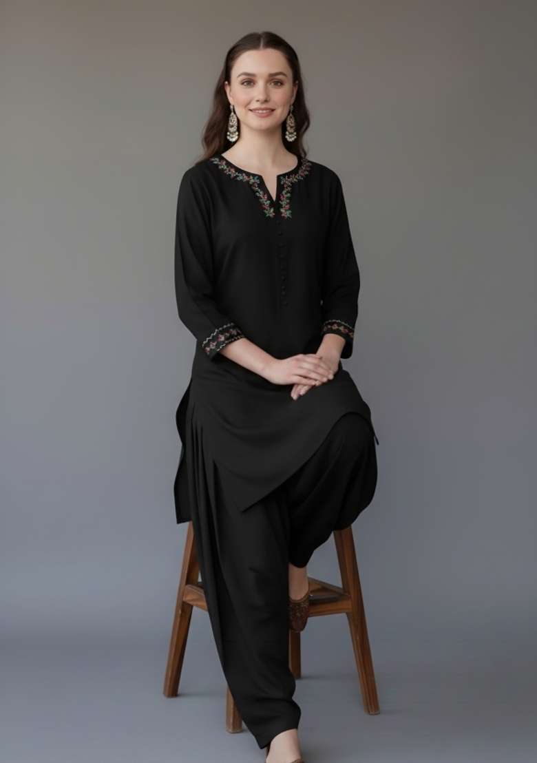 Black Embroidered Rayon Straight Kurta Set - Indya