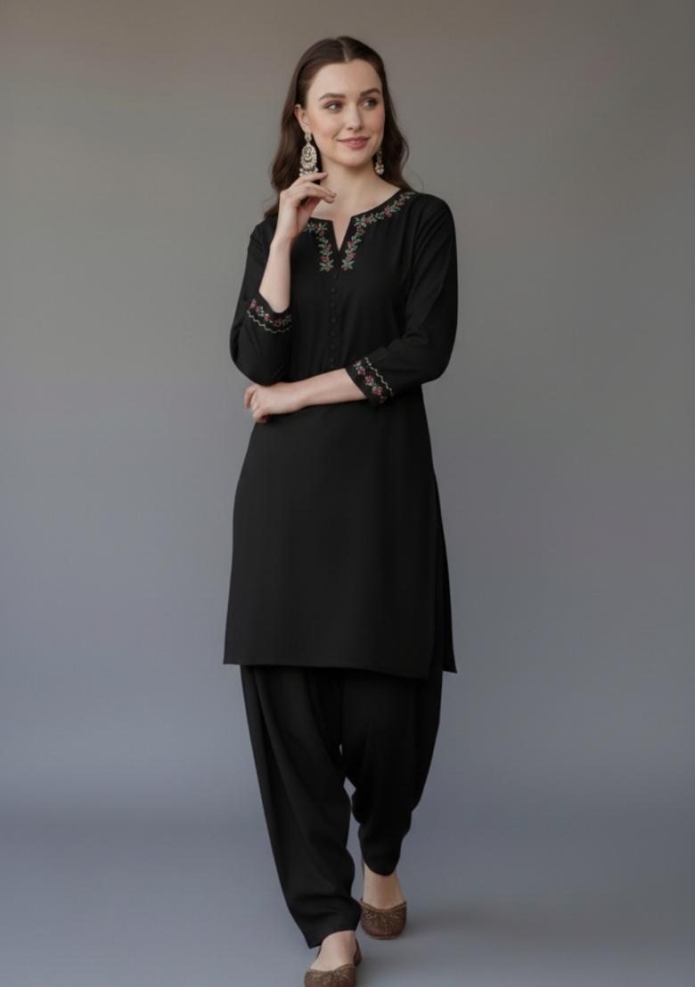 Black Embroidered Rayon Kurta Set - Indya