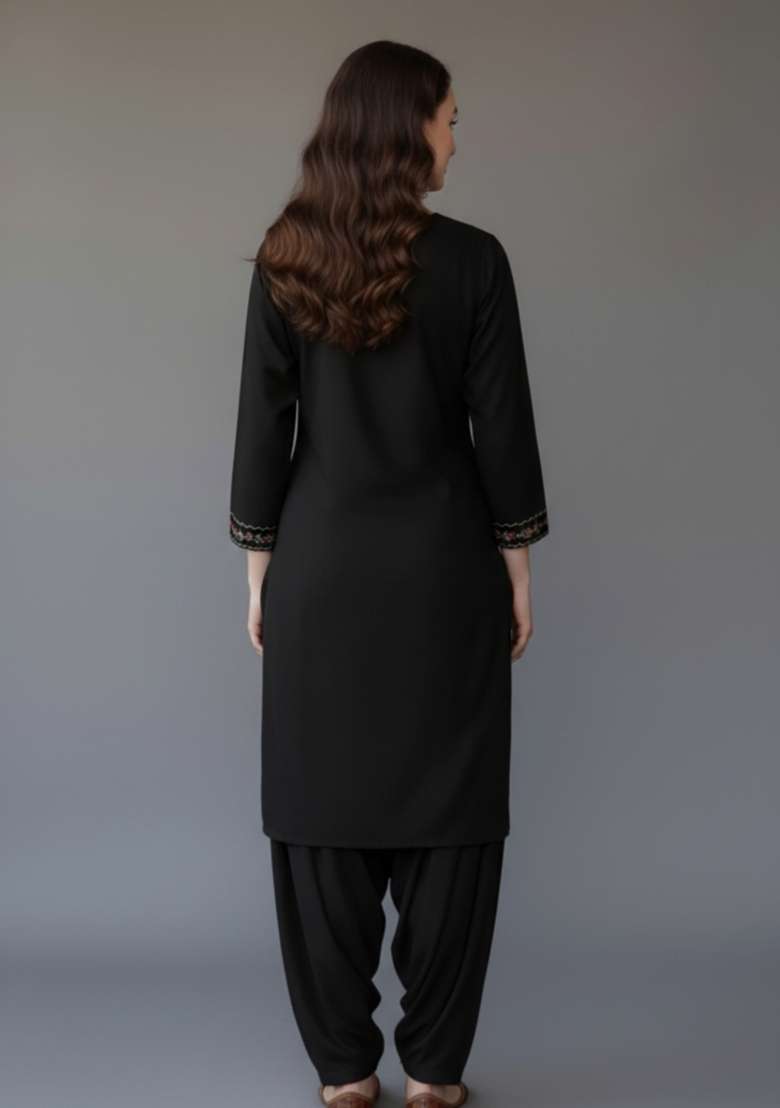 Black Embroidered Rayon Straight Kurta Set - Indya