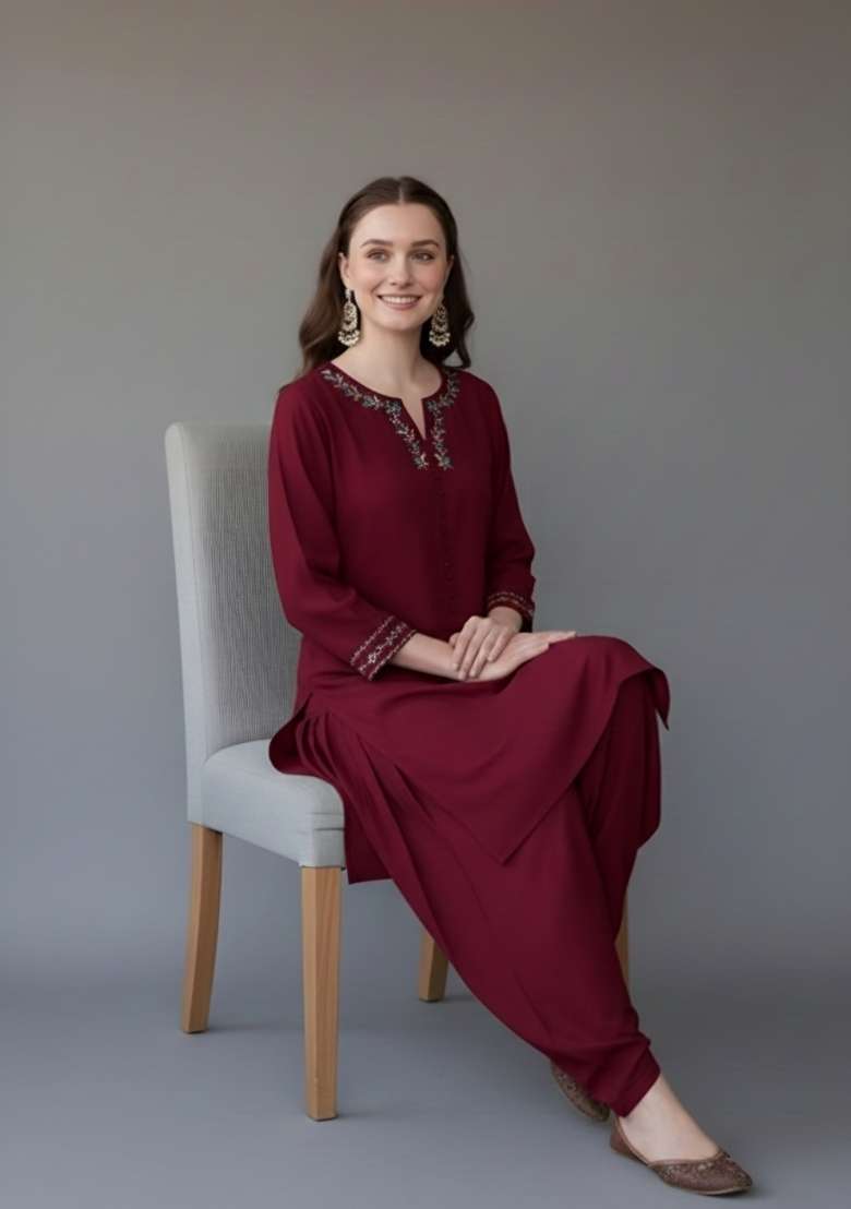 Maroon Embroidered Rayon Pakistani Suit Set - Indya