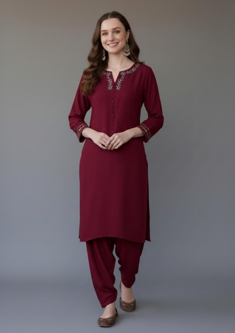 Maroon Embroidered Rayon Kurta Set - Indya