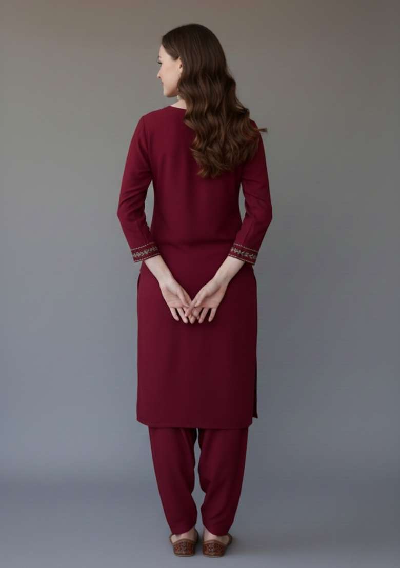 Maroon Embroidered Rayon Pakistani Suit Set - Indya
