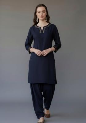 Navy Blue Embroidered Rayon Kurta Set