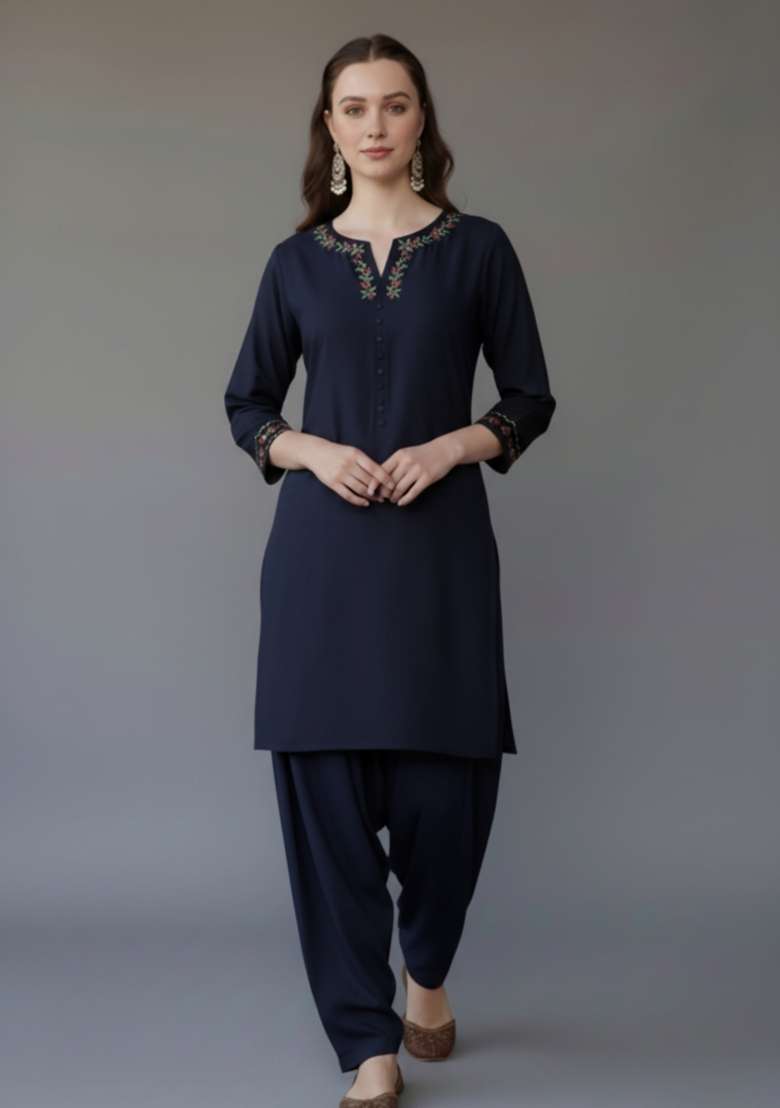 Navy Blue Embroidered Rayon Punjabi Suit Set - Indya