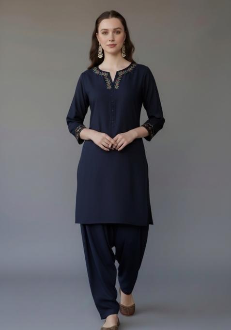 Navy Blue Embroidered Rayon Kurta Set
