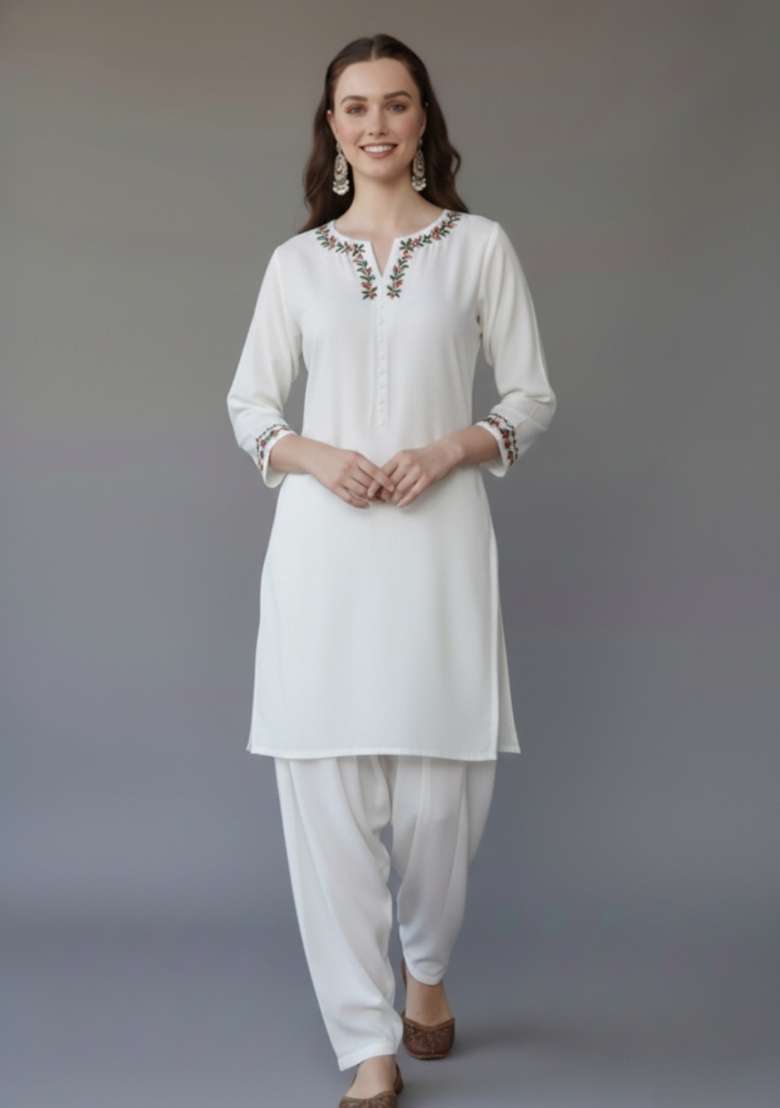 White Embroidered Rayon Punjabi Suit Set - Indya