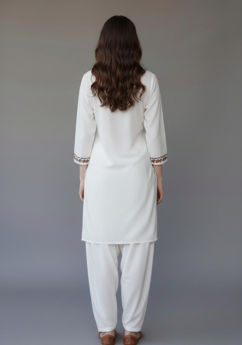 White Embroidered Rayon Kurta Set - Indya
