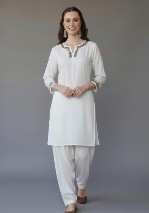 White Embroidered Rayon Kurta Set