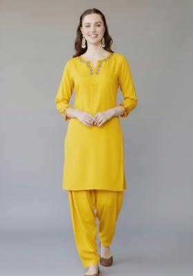 Yellow Embroidered Rayon Kurta Set