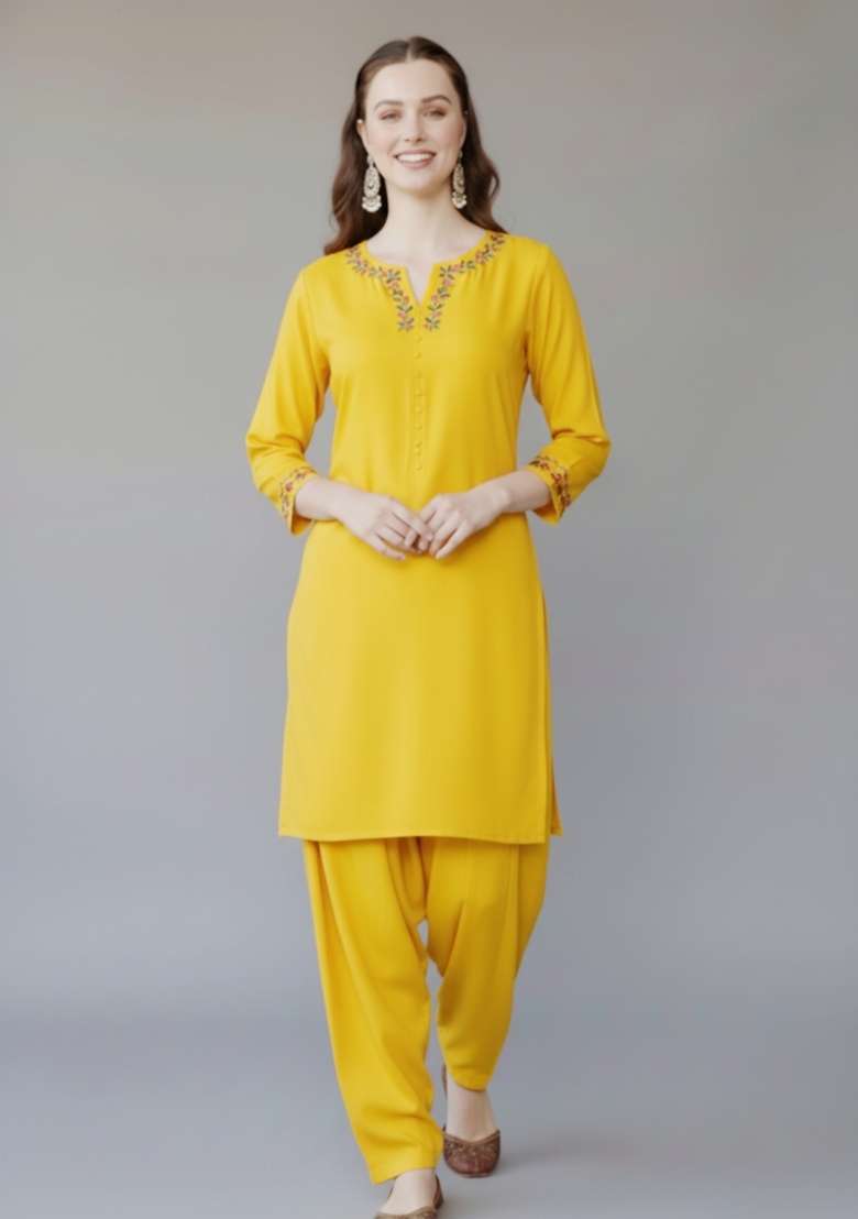 Yellow Embroidered Rayon Punjabi Suit Set - Indya