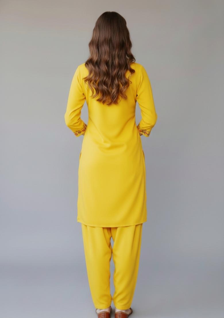 Yellow Embroidered Rayon Kurta Set - Indya