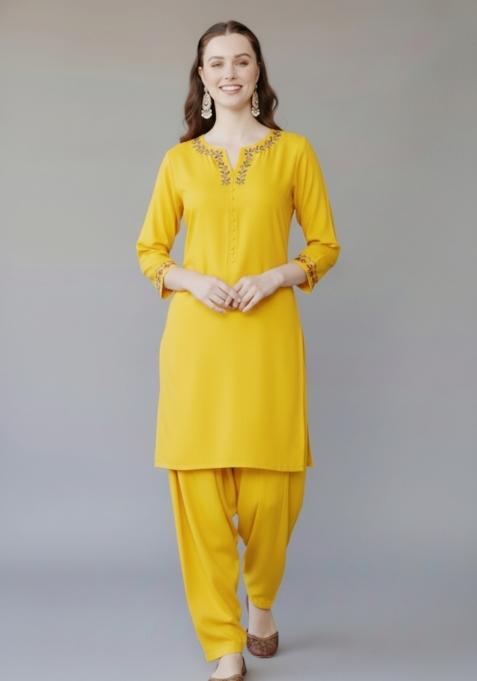 Yellow Embroidered Rayon Kurta Set