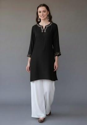 Black Embroidered Rayon Kurta Set