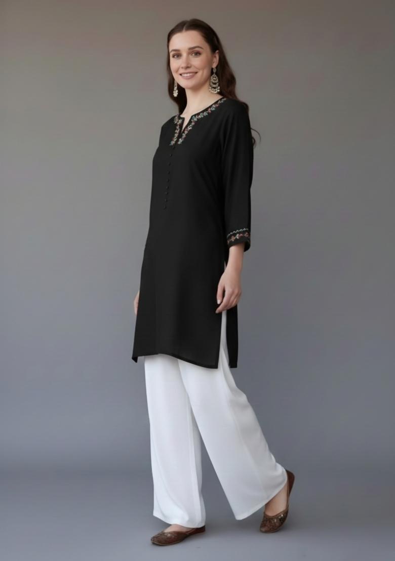 Black Embroidered Rayon Kurta Set - Indya