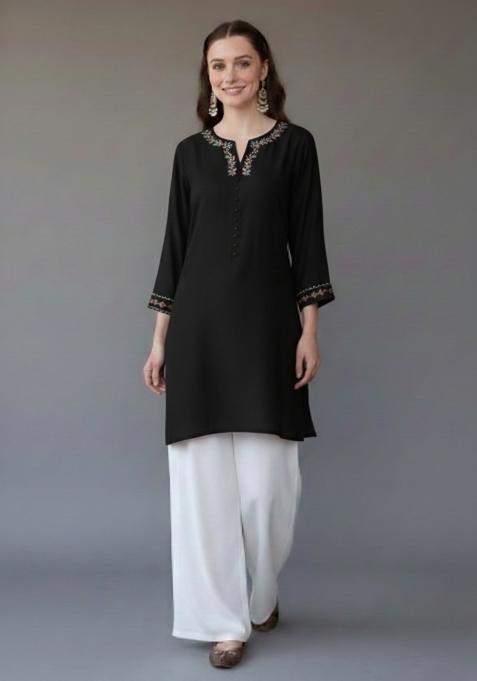 Black Embroidered Rayon Kurta Set