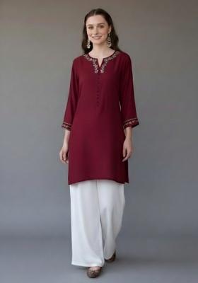 Maroon Embroidered Rayon Kurta Set