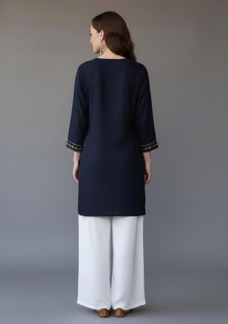 Navy Blue Embroidered Rayon Kurta Set - Indya