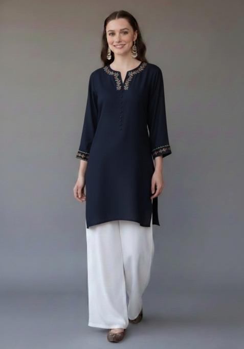 Navy Blue Embroidered Rayon Kurta Set