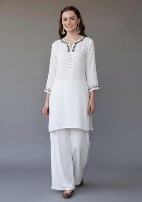 White Embroidered Rayon Kurta Set