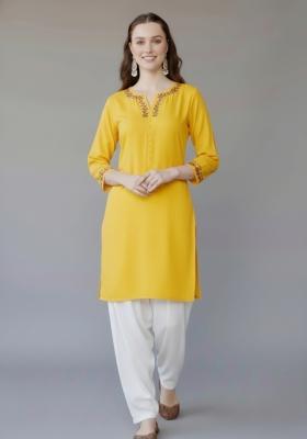 Yellow Embroidered Rayon Kurta Set