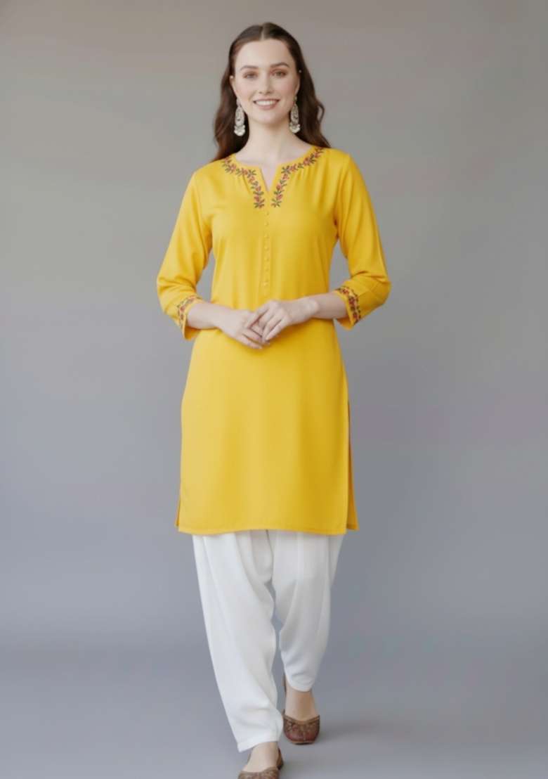 Yellow Embroidered Rayon Punjabi Suit Set - Indya