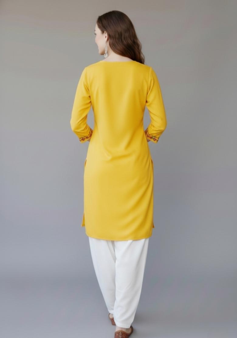 Yellow Embroidered Rayon Kurta Set - Indya
