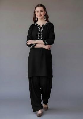 Black Embroidered Rayon Kurta Set