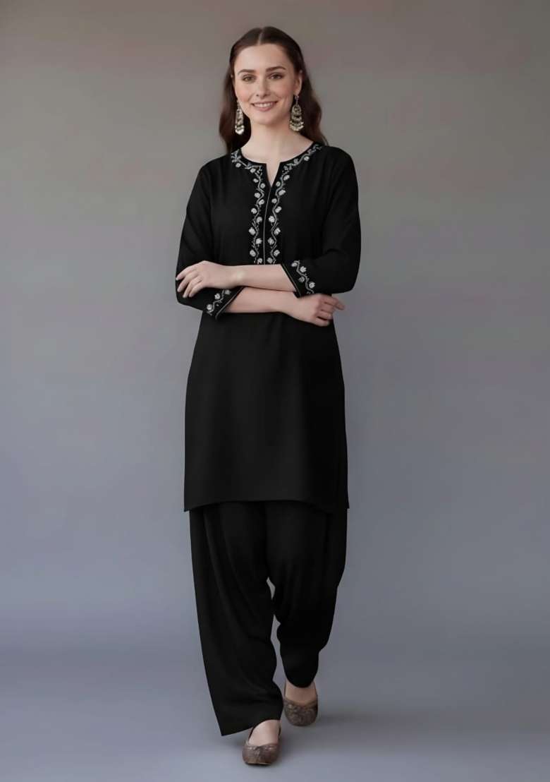 Black Embroidered Rayon Punjabi Suit Set - Indya
