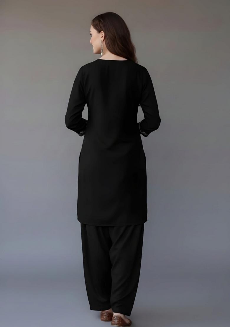 Black Embroidered Rayon Kurta Set - Indya