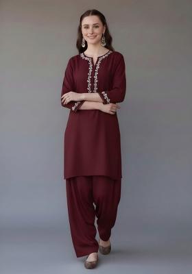 Maroon Embroidered Rayon Kurta Set