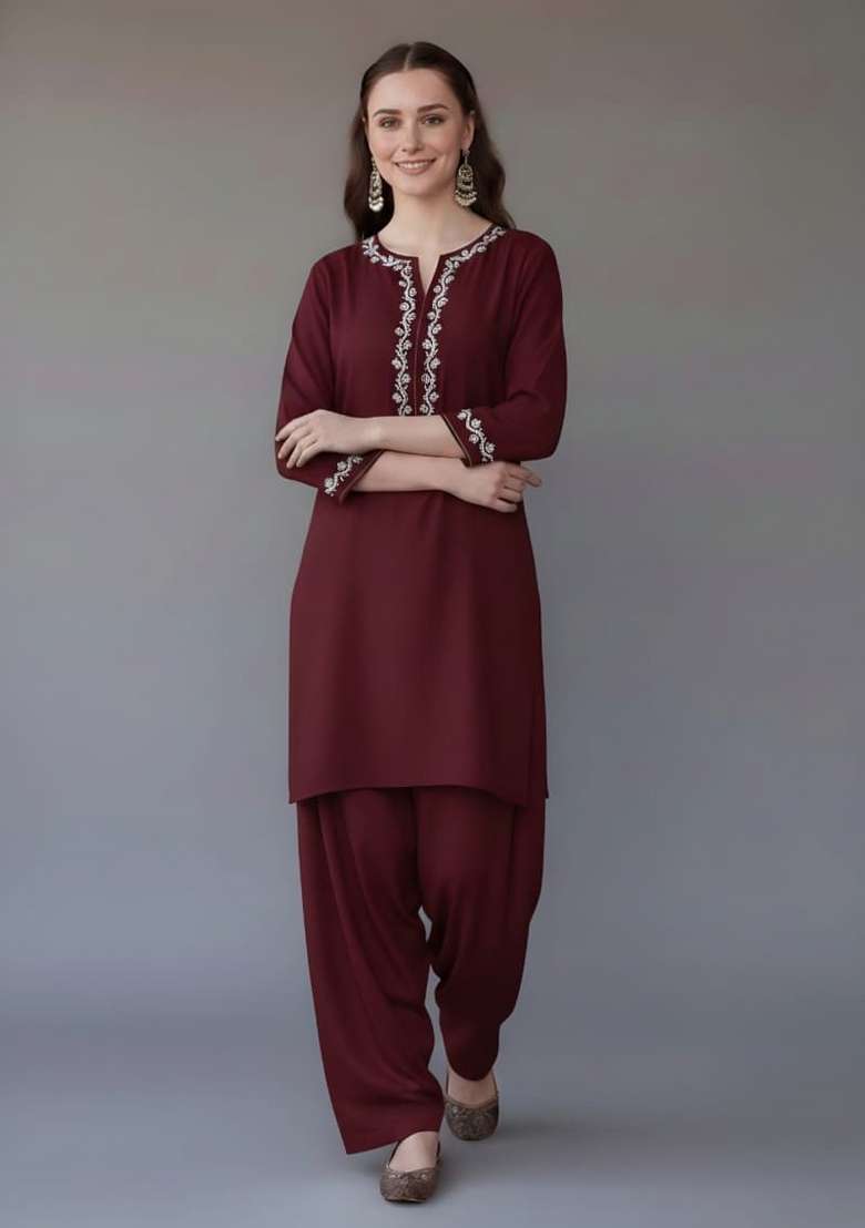 Maroon Embroidered Rayon Punjabi Suit Set - Indya