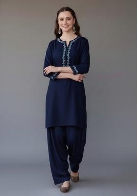 Navy Blue Embroidered Rayon Kurta Set