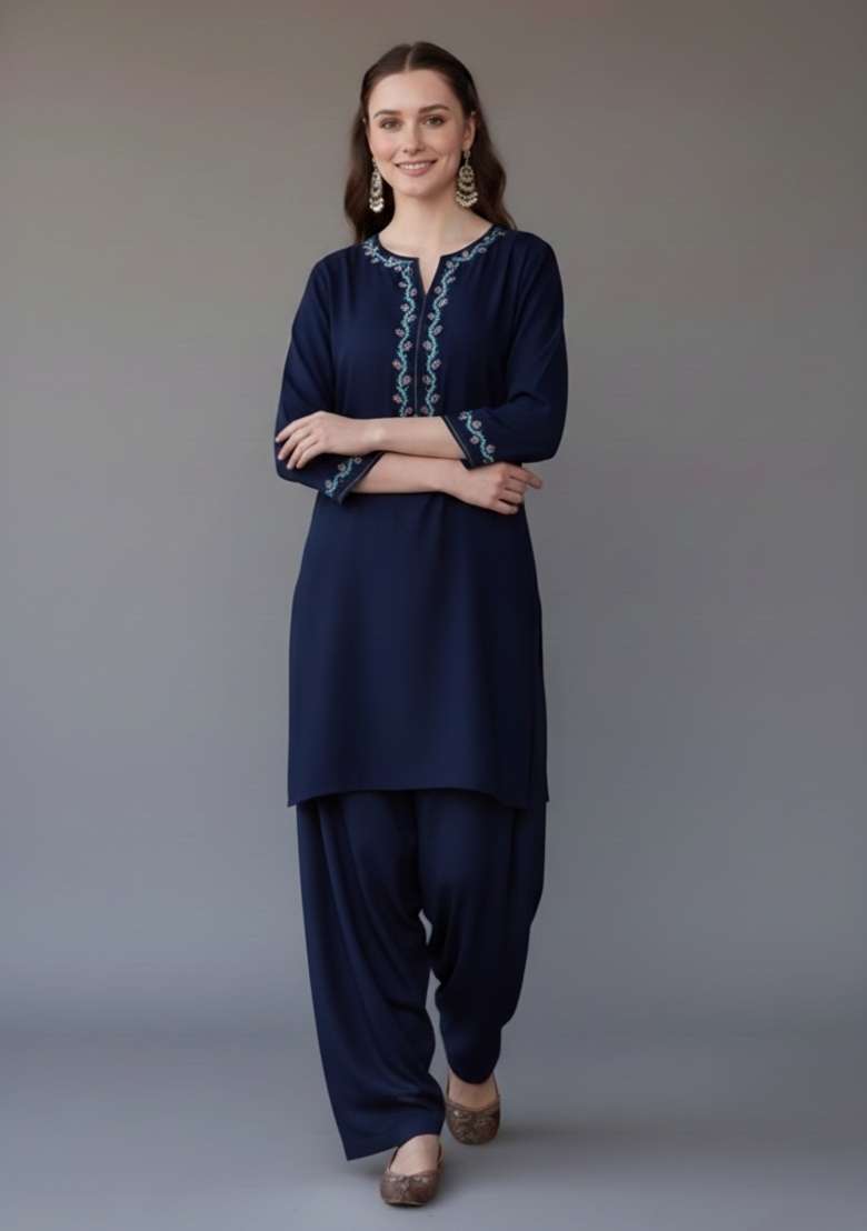 Navy Blue Embroidered Rayon Punjabi Suit Set - Indya
