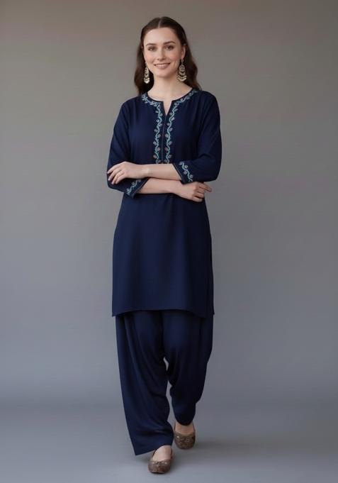 Navy Blue Embroidered Rayon Kurta Set
