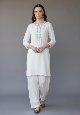 White Embroidered Rayon Kurta Set