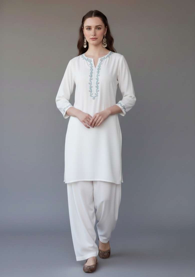 White Embroidered Rayon Punjabi Suit Set - Indya