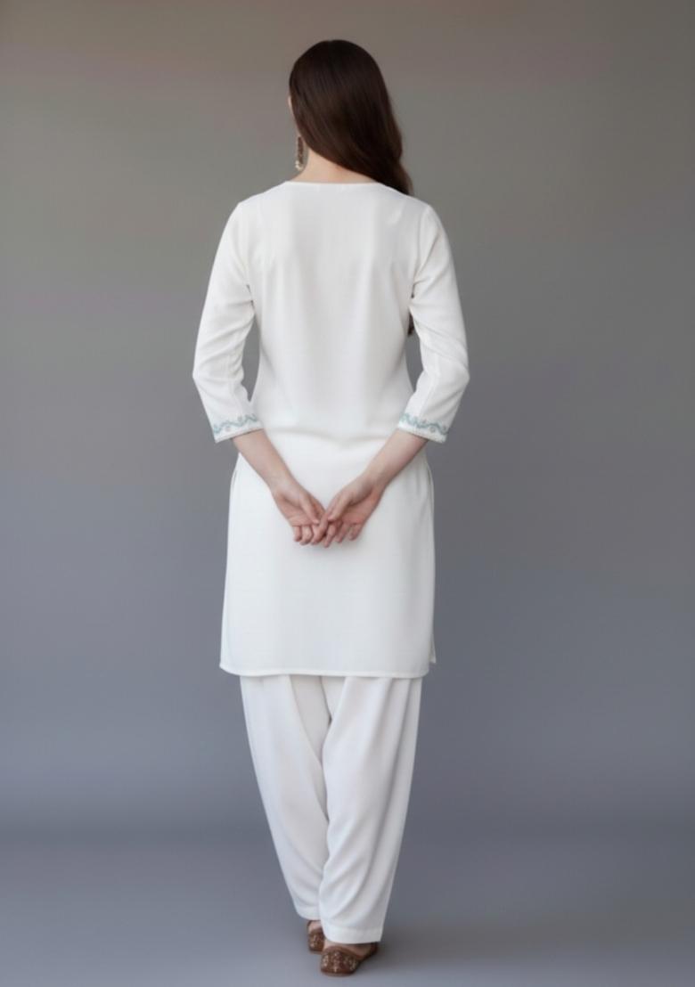 White Embroidered Rayon Kurta Set - Indya