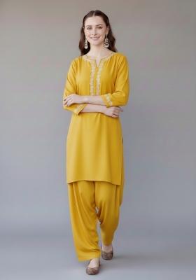 Yellow Embroidered Rayon Kurta Set