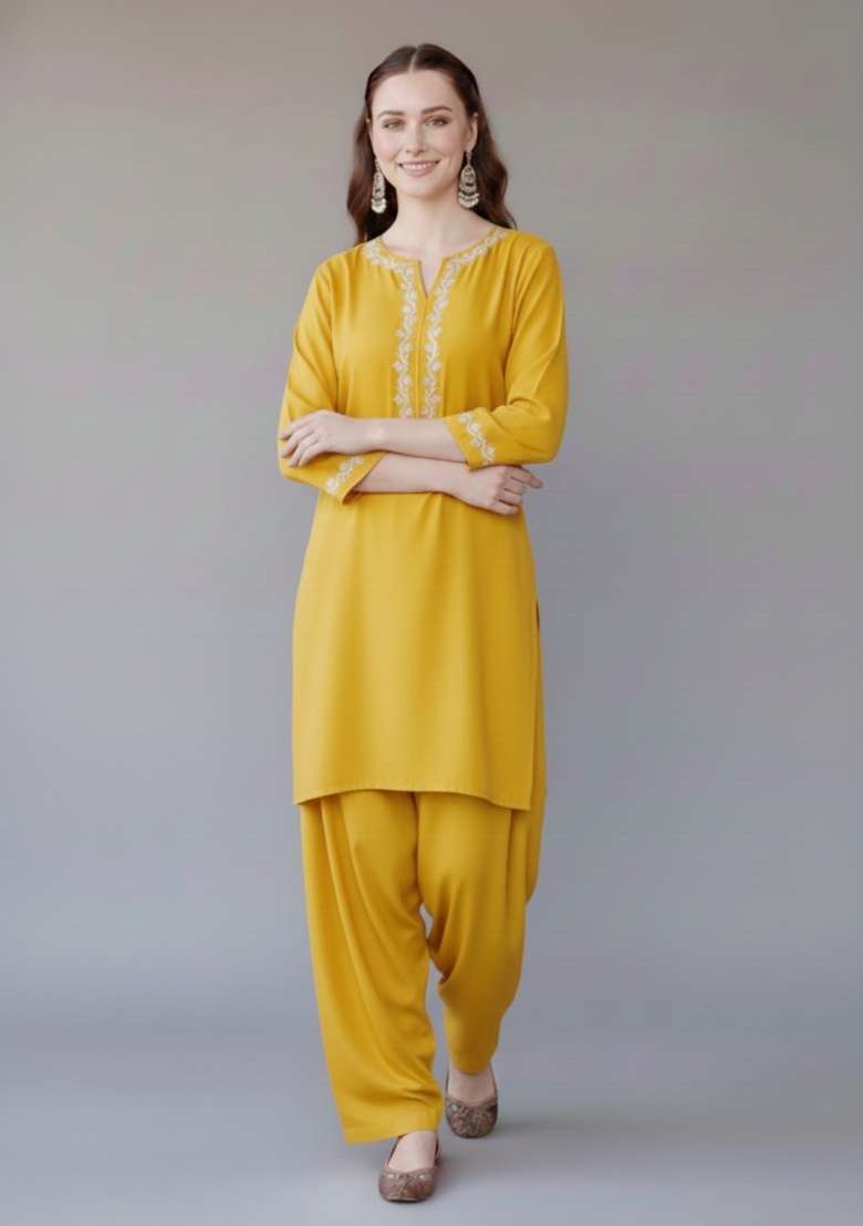Yellow Embroidered Rayon Punjabi Suit Set - Indya