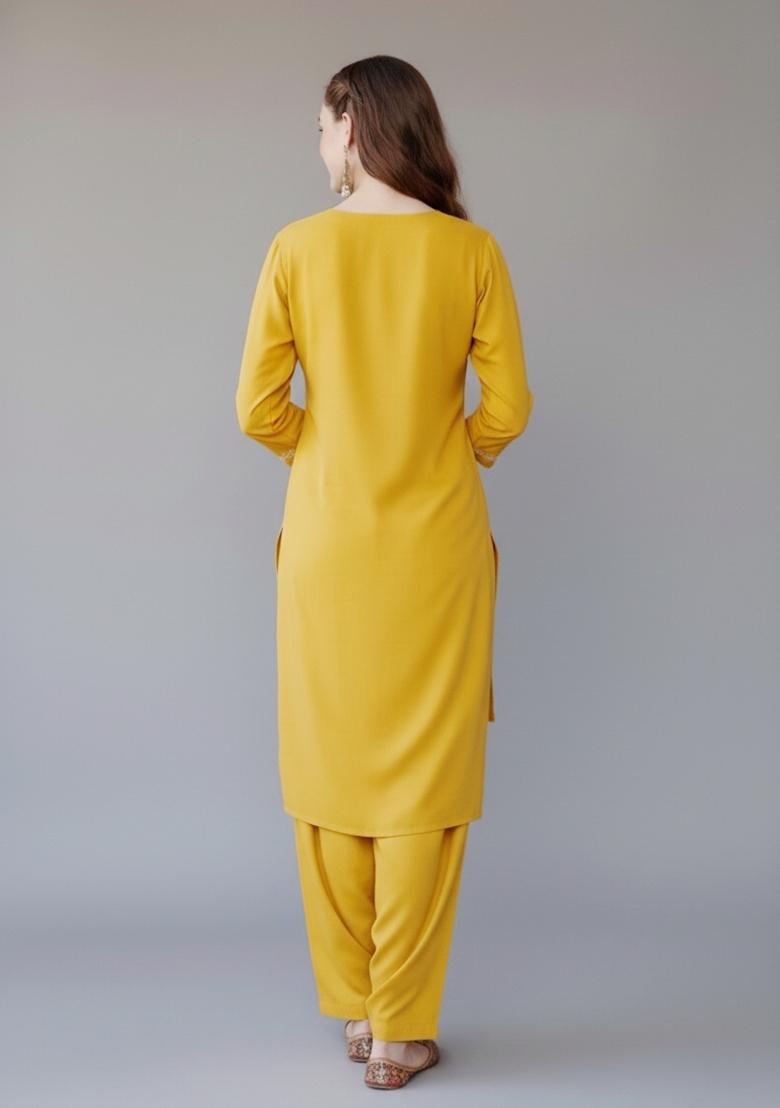 Yellow Embroidered Rayon Kurta Set - Indya
