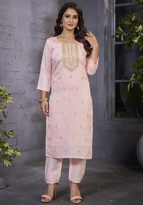 Peach Embroidered Silk Kurta Set