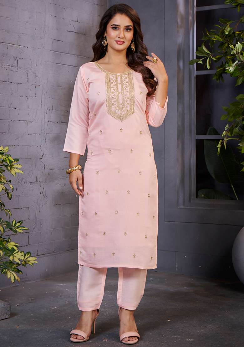 Peach Embroidered Silk Blend Straight Kurta Set - Indya